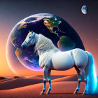 White Horse in Surreal Desert with Earth and Moon Sky