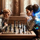 Four Women Playing Chess in Fantasy Armor and Ethereal Lighting