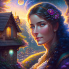 Fantastical illustration of woman with floral hair beside whimsical house under twilight sky