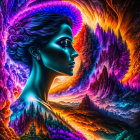 Colorful Artwork: Woman's Profile in Surreal Landscape