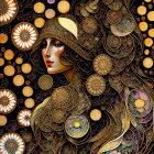 Steampunk-styled female figures with mechanical features on ornate background