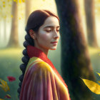 Woman with Long Braid in Sunlit Autumn Forest with Falling Leaves