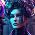 Futuristic digital art portrait of female figure with robotic details in neon-lit setting