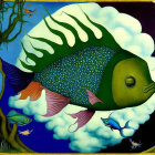 Vibrant painting of oversized fish, striped tail, colorful scales, pink foliage trees, blue sky