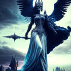 Dark figure in skull mask and black wings before dramatic sky and eerie castle