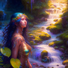 Mystical woman in nature-themed attire by sunlit waterfall