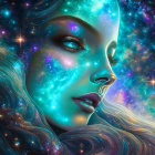 Woman's portrait with cosmic elements: stars, nebulas, galaxies merging with skin and hair.