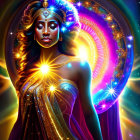 Ethereal woman with golden adornments in cosmic setting