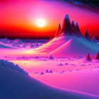 Digital Art: Snowy Landscape with Glowing Sun and Starry Sky