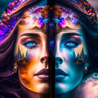 Split image of woman's face merged with vibrant mirrored nature scenes