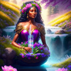 Regal woman in floral crown and purple gown with mystical water landscape