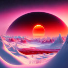 Surreal landscape with dark sphere, red sky, snowy terrain, pine trees