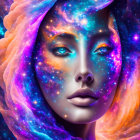 Digital artwork: Woman's profile merges with cosmic nebula in vibrant colors.