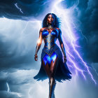 Female warrior in blue and gold costume under stormy sky with lightning bolts