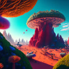 Colorful alien landscape: towering mushroom-like trees, floating islands, lush blue flora, warm reddish