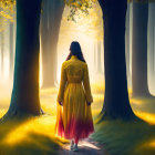 Woman in Yellow Dress Walking Through Sunlit Forest Path