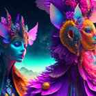 Colorful fantastical figures with flowers and feathers under starry night sky