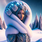 Fantasy digital art: Blue-skinned figure in snowflake attire against snowy twilight landscape