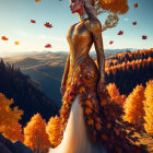 Autumn-themed fantasy figure in serene forest landscape