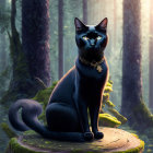 Black cat with striking eyes on tree stump in mystical forest.