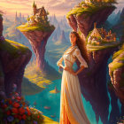 Woman in flowing gown gazes at fantasy landscape with floating islands and castles at sunset