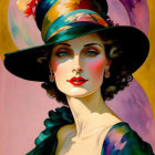 Vintage-style portrait of woman with striking makeup and flower-adorned hat.