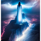 Figure in white robe on cliff under dramatic sky with lightning and red fissures.