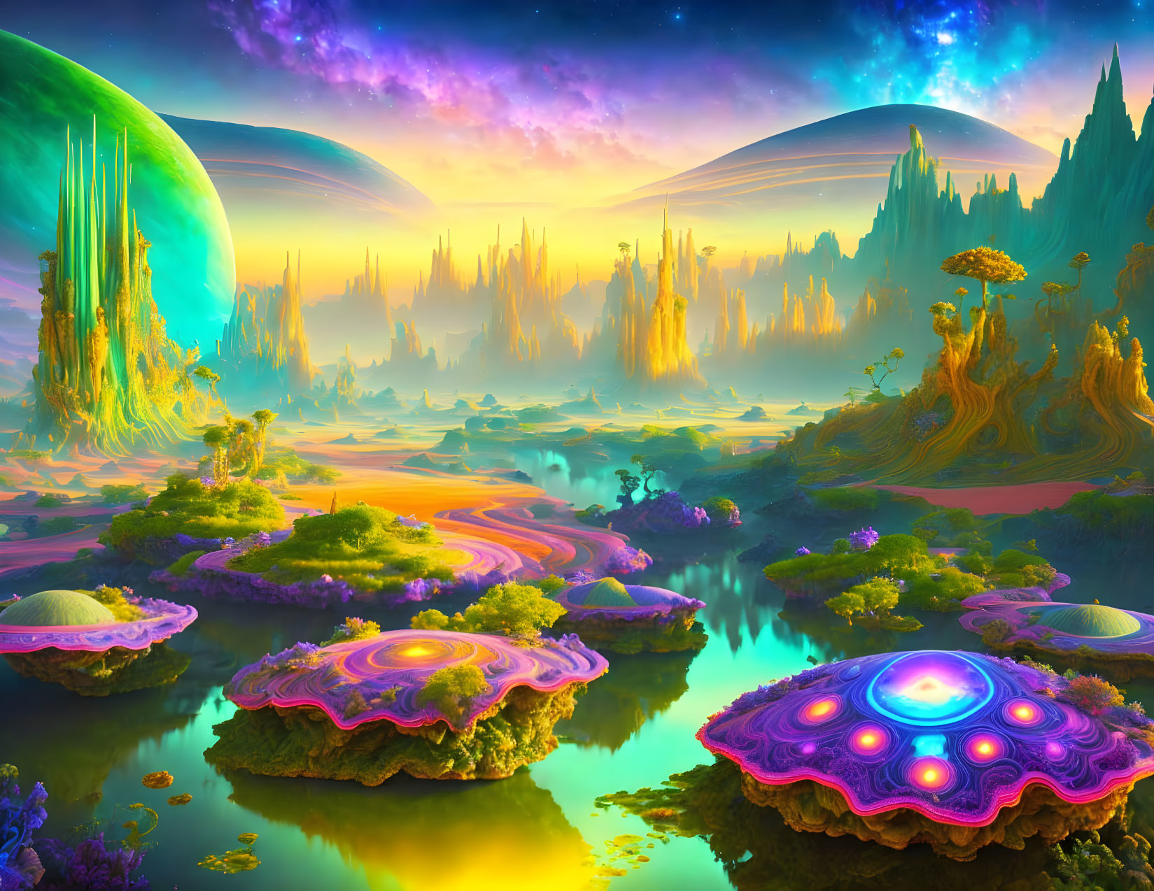 Colorful Flora, Floating Islands, Alien Structures: Vibrant Fantastical Landscape