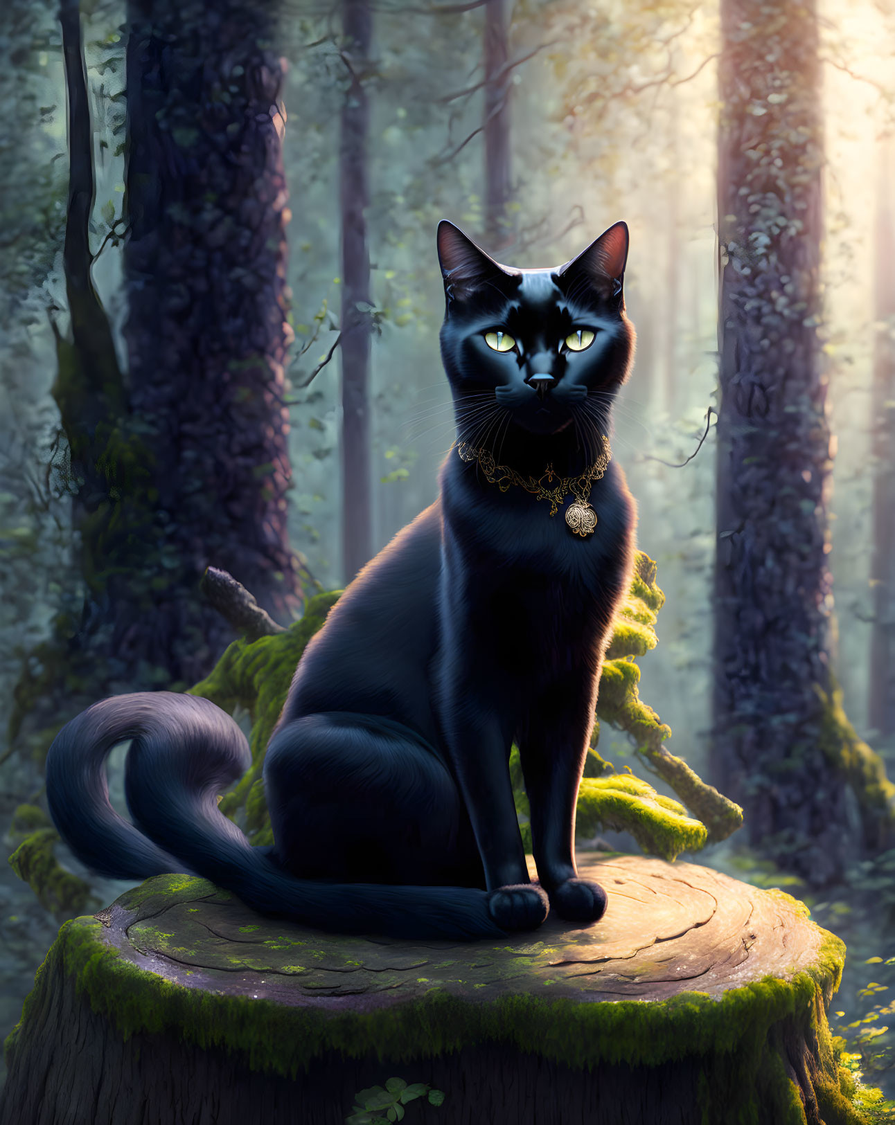 Black cat with striking eyes on tree stump in mystical forest.