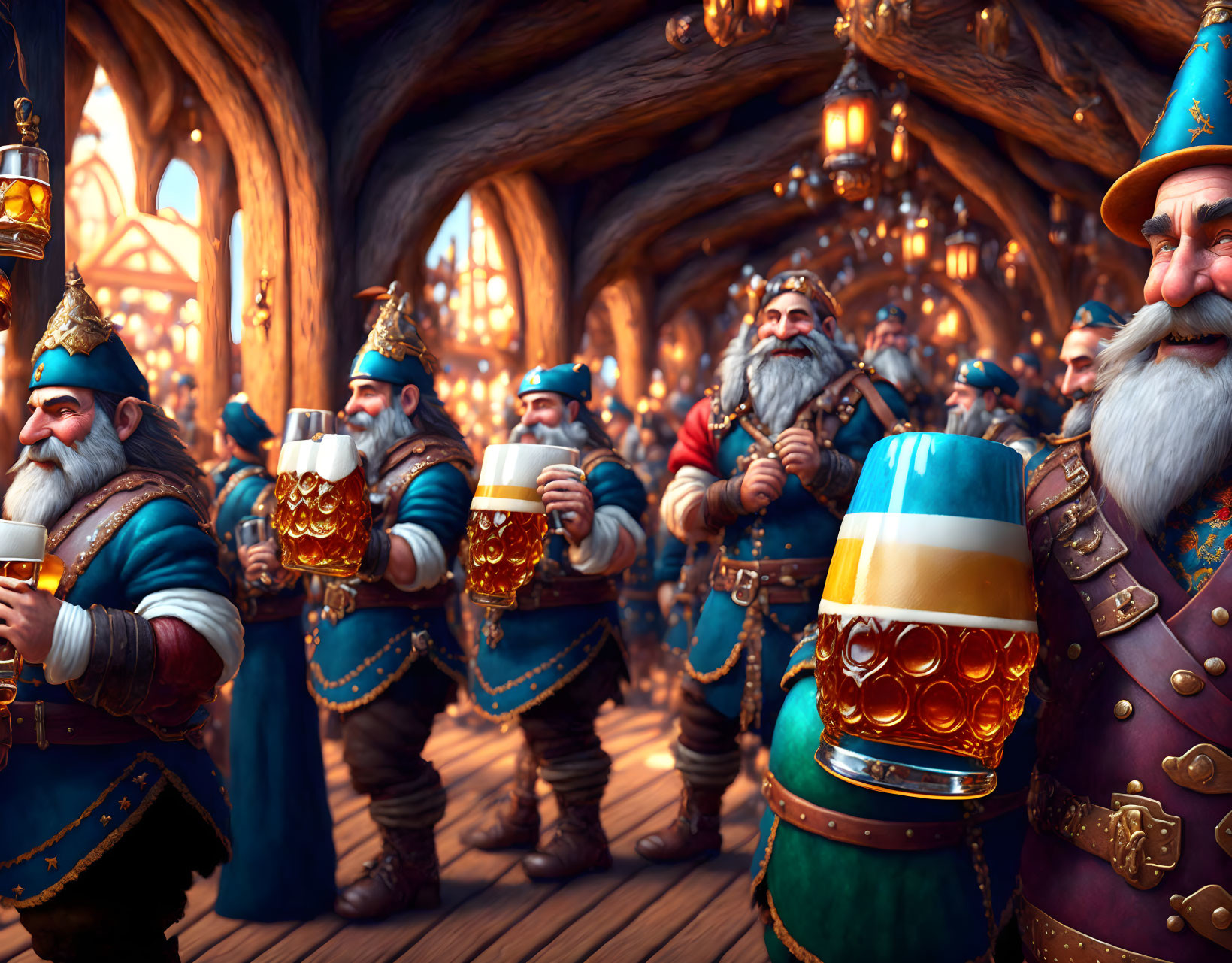 Fantasy tavern scene with animated jovial dwarves in medieval attire