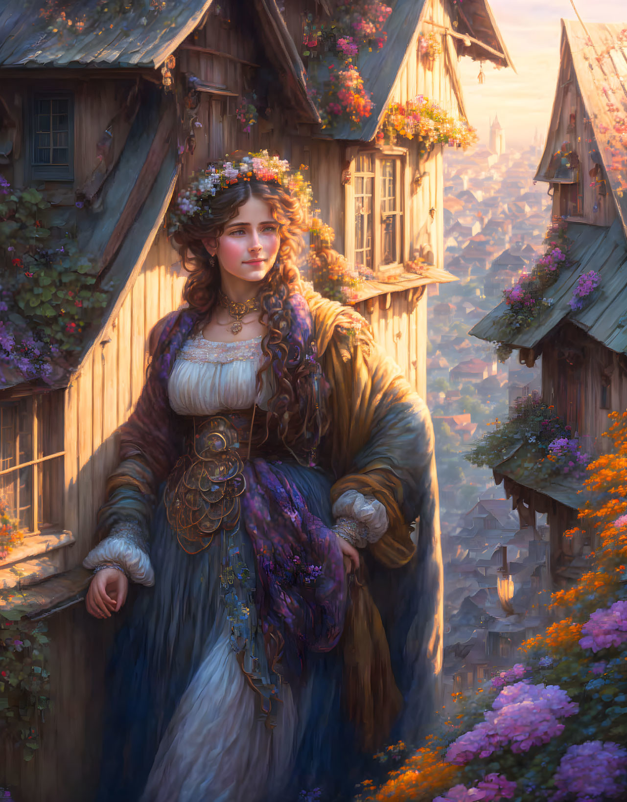 Medieval-style woman on balcony overlooking sunlit village