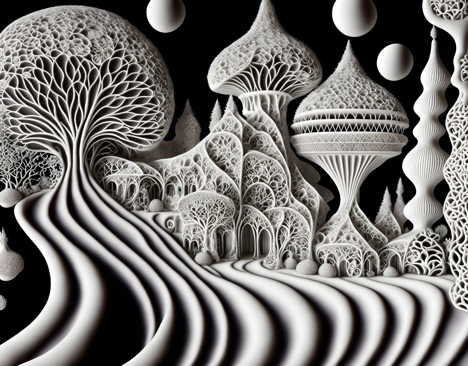 Monochrome fractal design with tree-like patterns and spherical elements