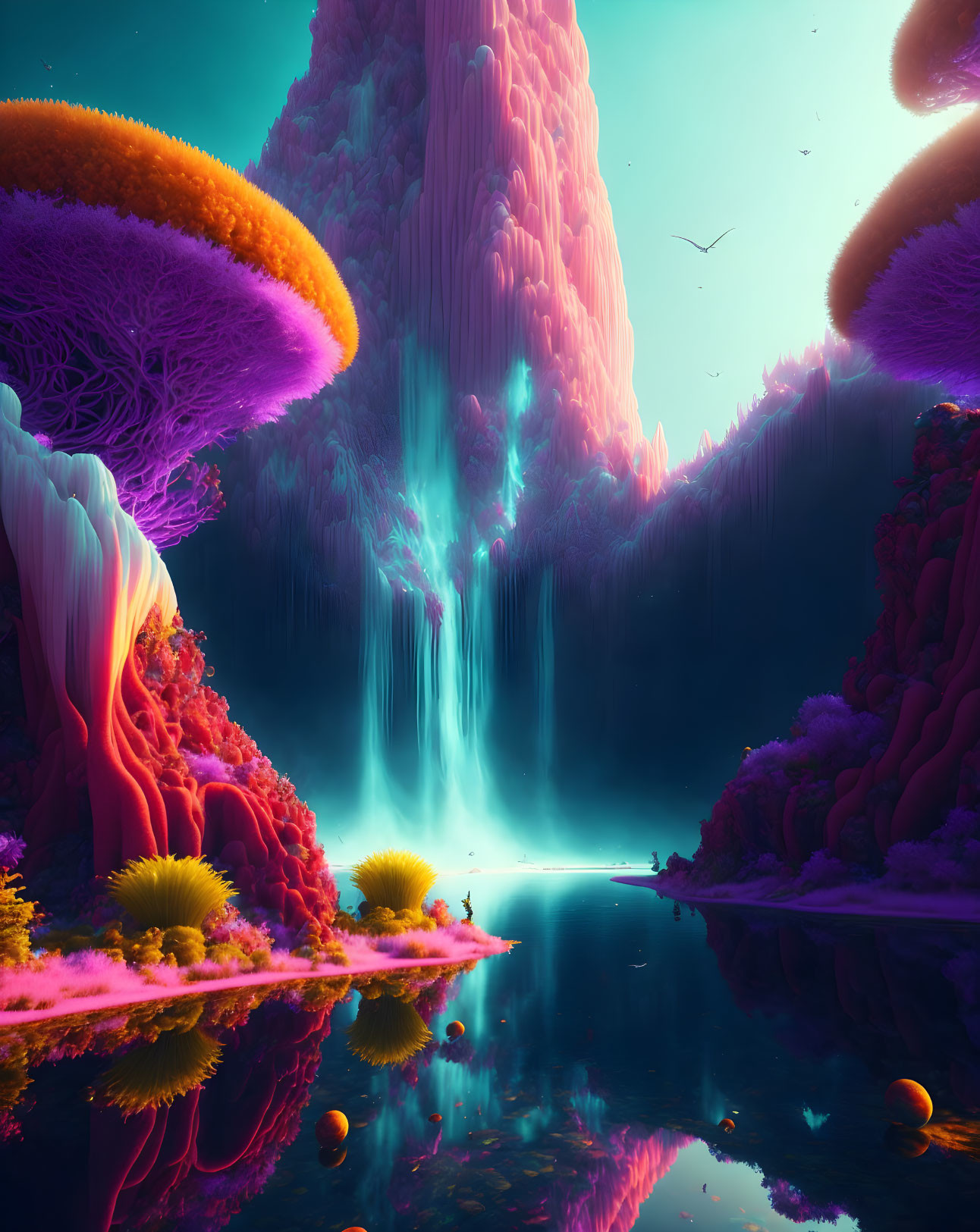 Surreal neon-lit landscape with alien vegetation and waterfall