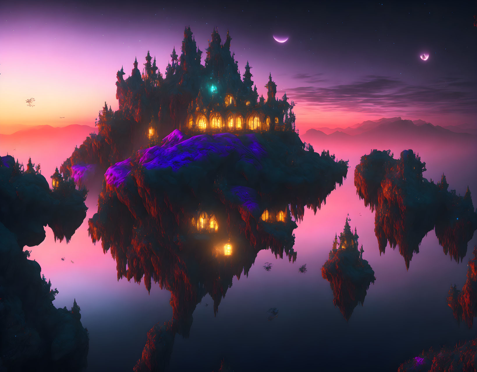 Illuminated trees on floating islands at sunset with purple sky and planets