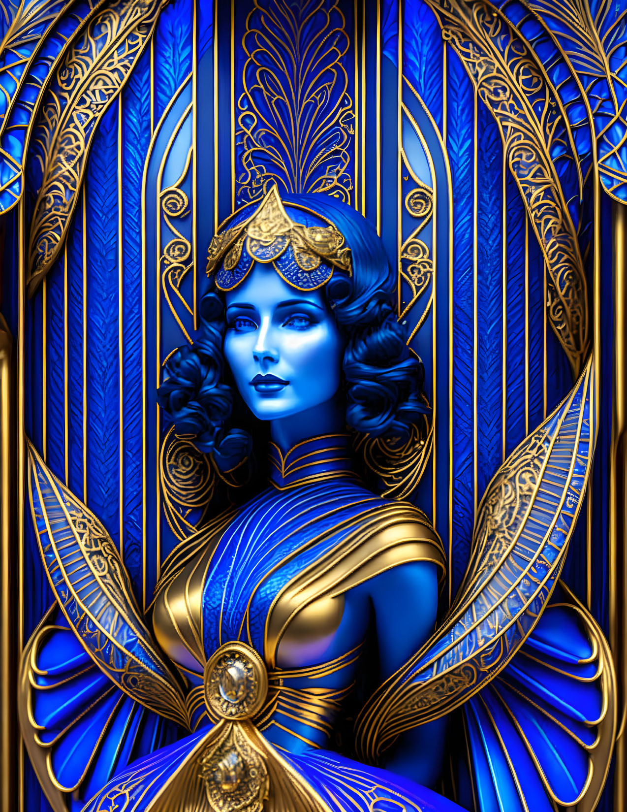 Blue-skinned woman with ornate headpiece and armor on Art Deco background