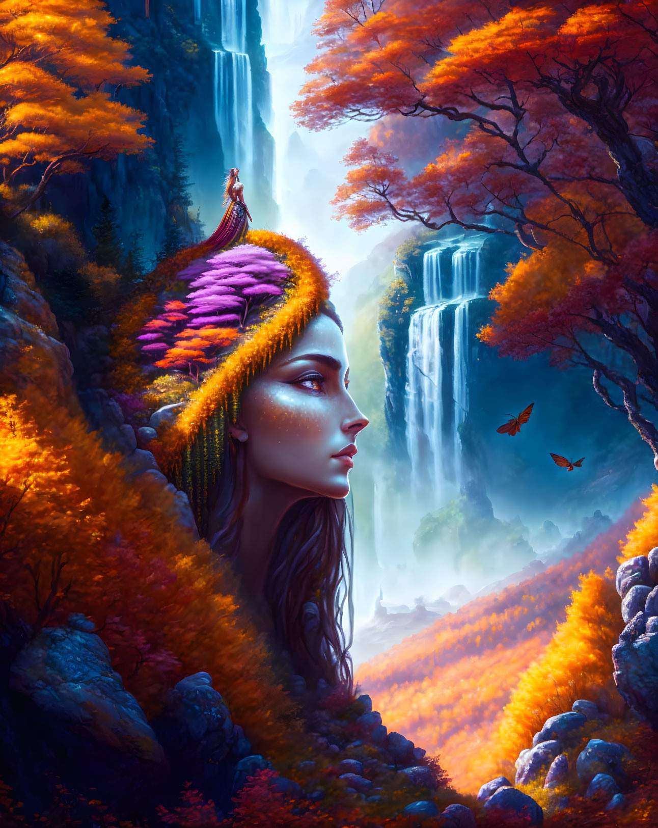 Colorful Woman's Profile with Feathered Headdress in Autumnal Landscape