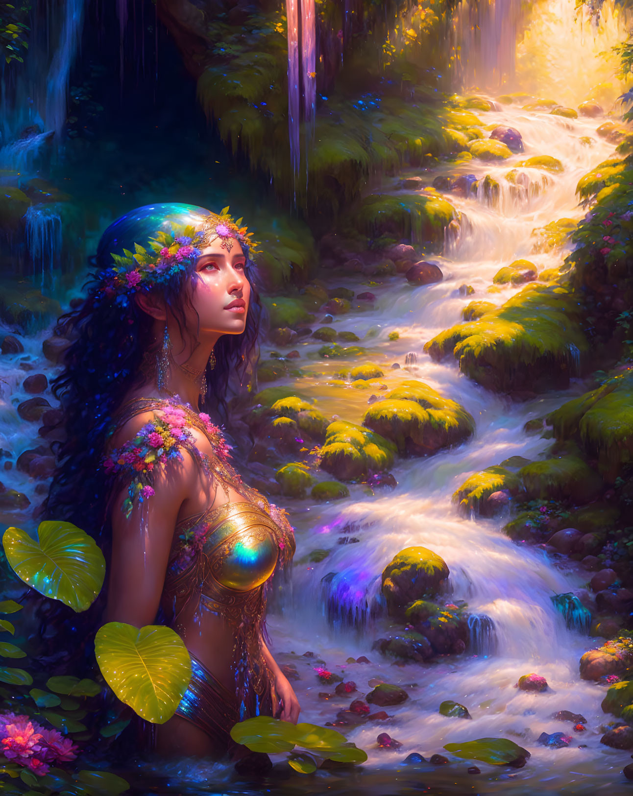 Mystical woman in nature-themed attire by sunlit waterfall