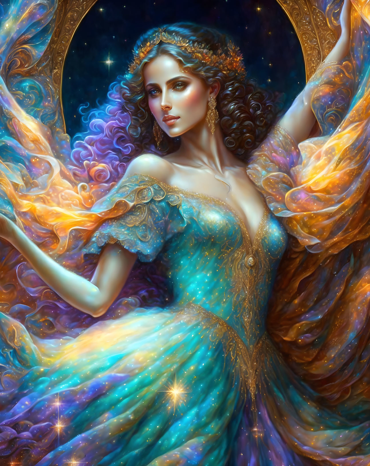 Curly-haired female figure with luminous wings in celestial gown against starry backdrop