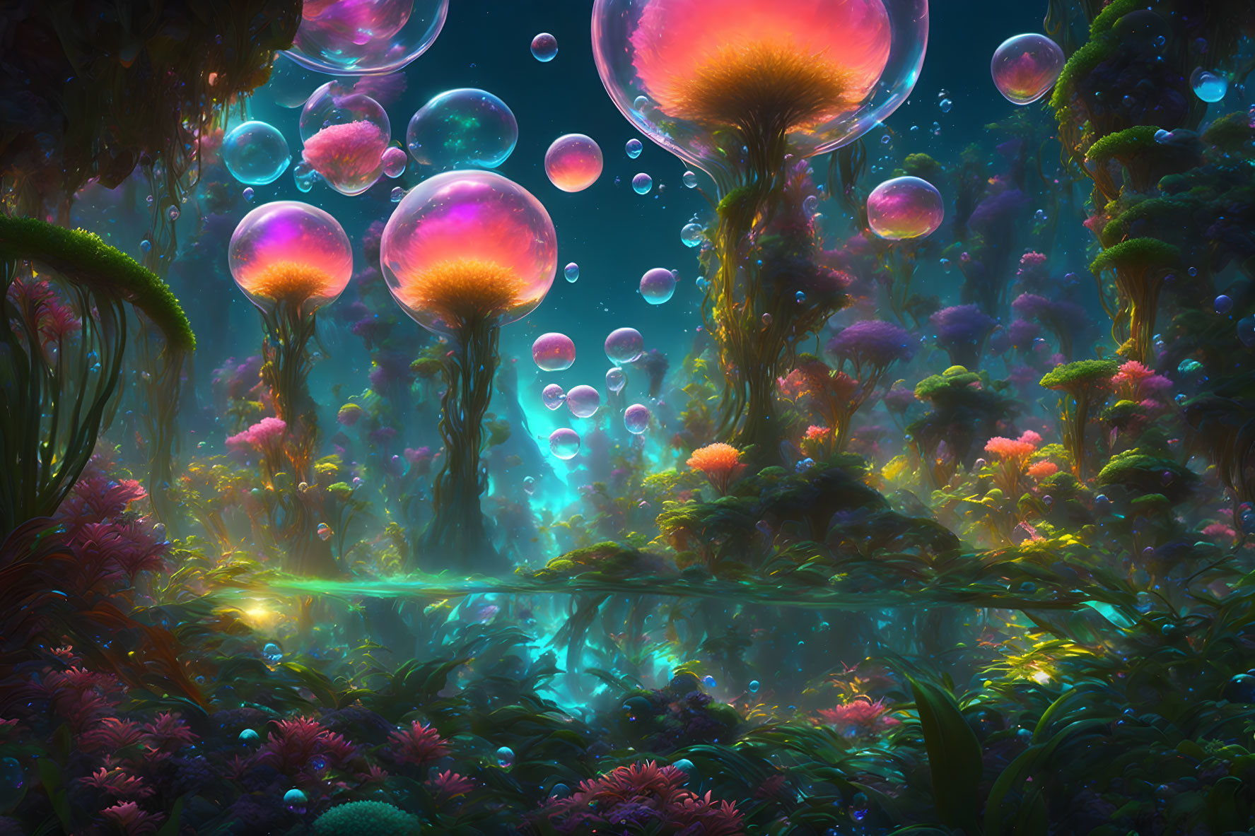 Colorful underwater scene with jellyfish-like creatures in bubbles and fantastical flora against a luminous backdrop