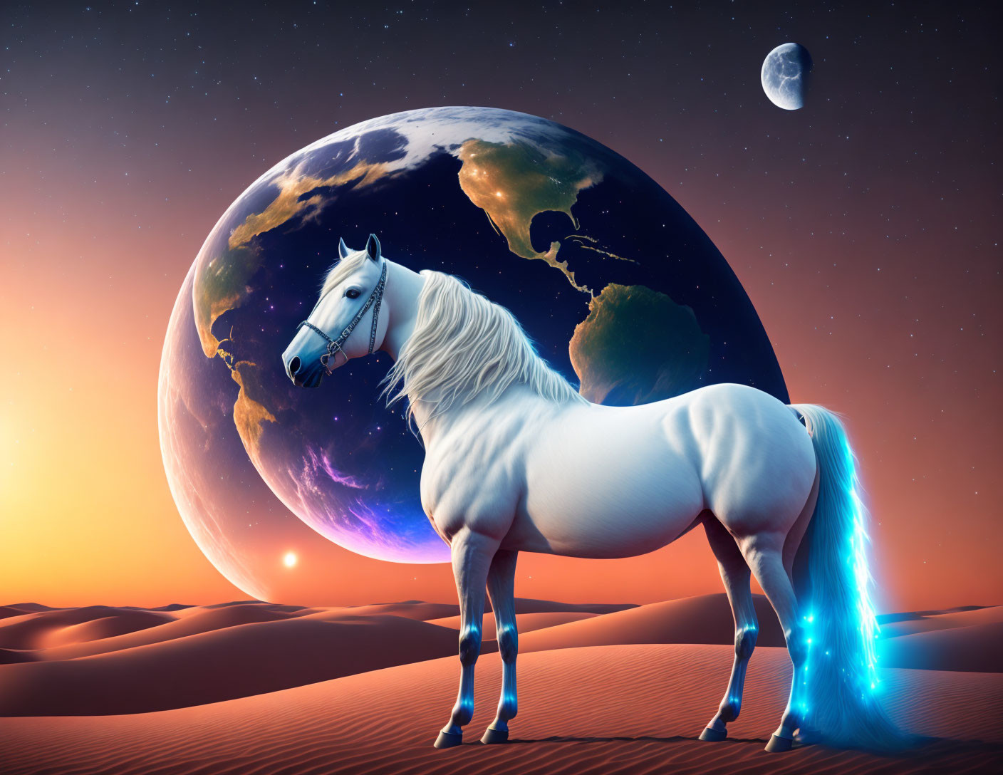 White Horse in Surreal Desert with Earth and Moon Sky