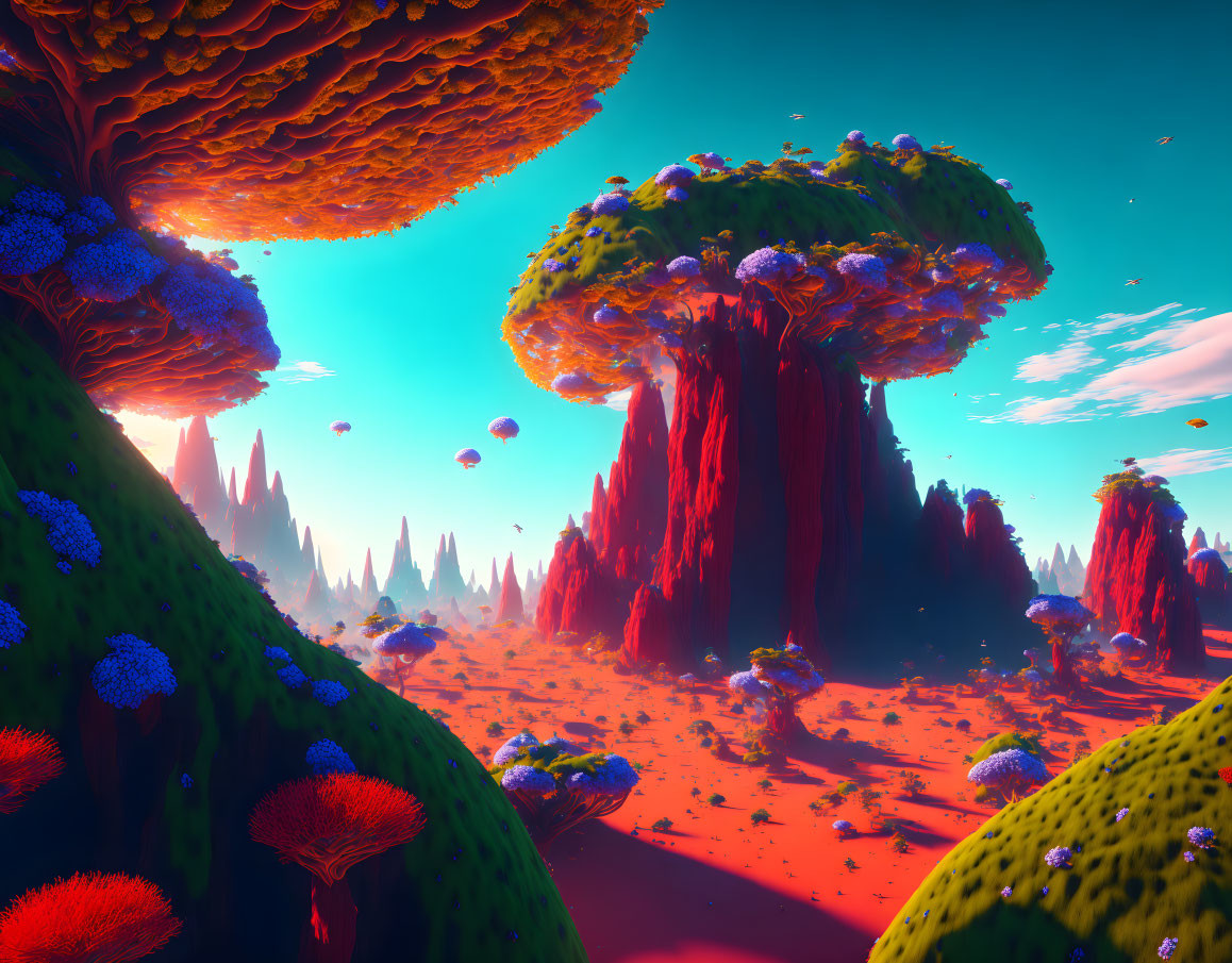 Colorful alien landscape: towering mushroom-like trees, floating islands, lush blue flora, warm reddish