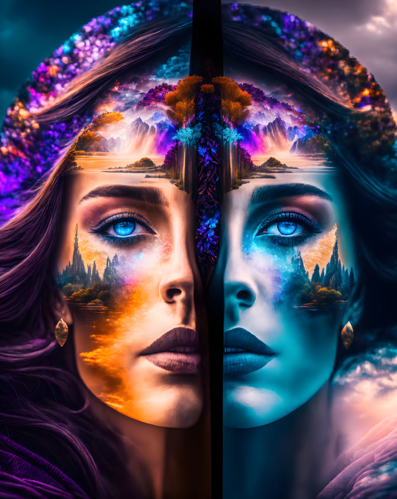 Split image of woman's face merged with vibrant mirrored nature scenes