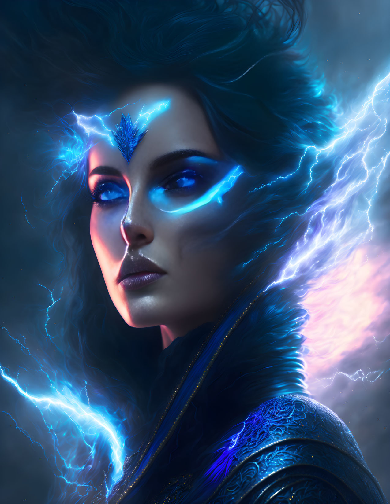 Digital artwork of woman with glowing blue eyes and electricity-like energy in dark, nebulous background