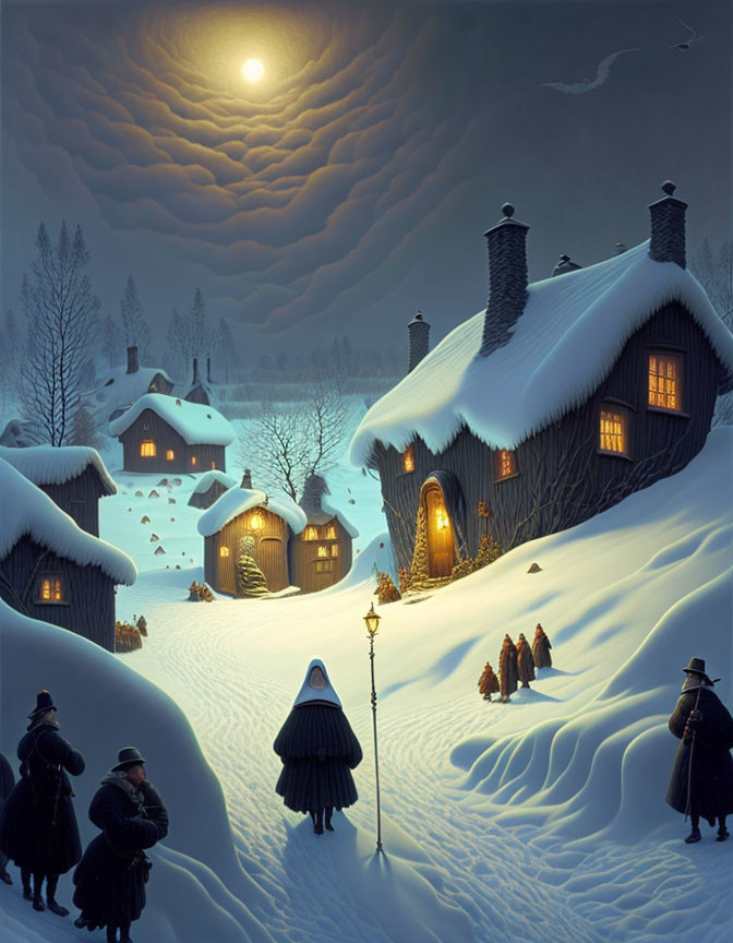 Snowy Night Village Scene: Lit Cottages, Full Moon, Cloaked Figures