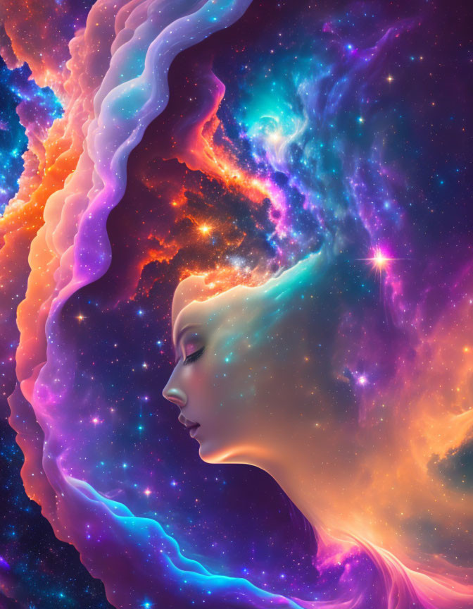 Digital artwork: Woman's profile merges with cosmic nebula in vibrant colors.