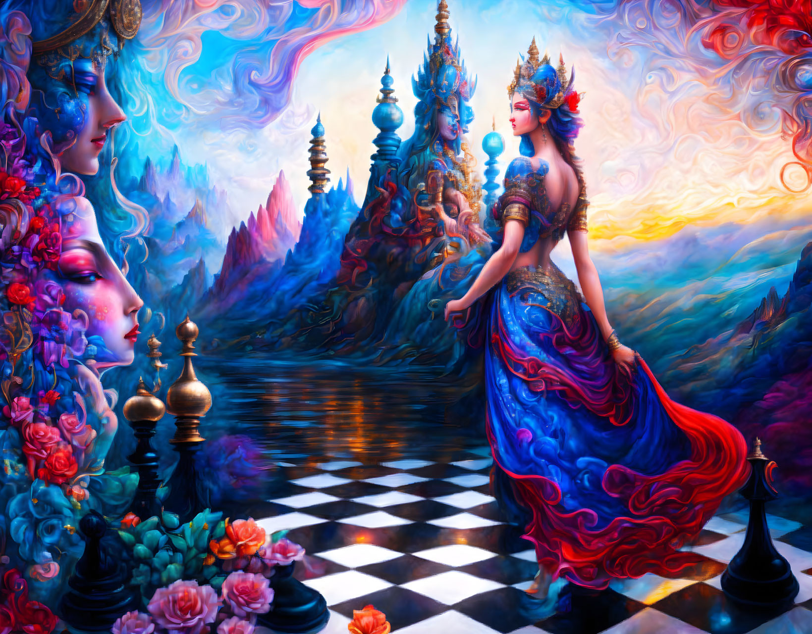 Colorful fantasy scene: elegant woman in ornate attire, surreal landscapes, ethereal figures, check