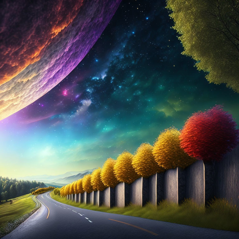 Vibrant colored trees in surreal landscape with winding road under starry sky.