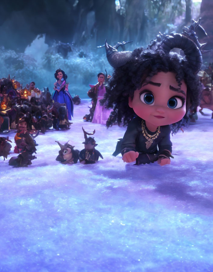 Animated girl with horns and creatures in mystical violet setting