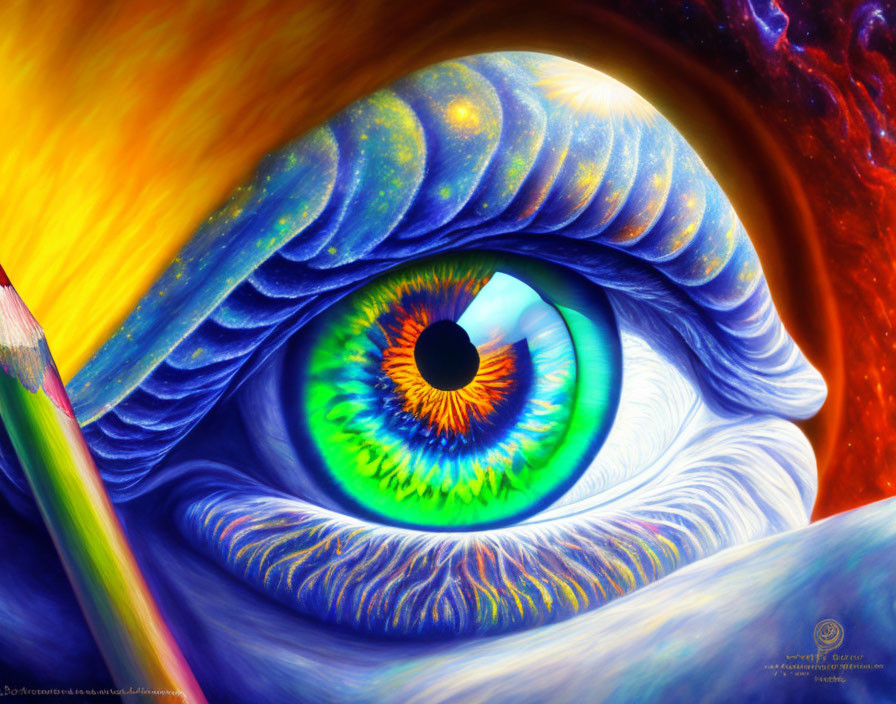 Colorful eye art with cosmic background and pencil, fiery hues