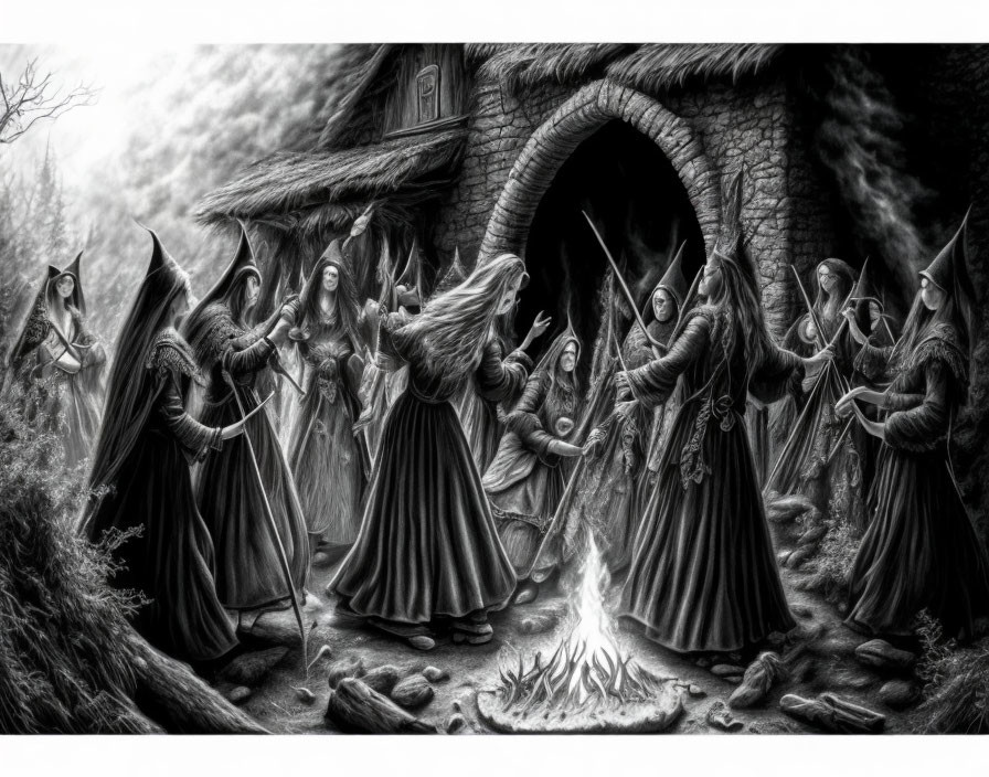 Monochrome fantasy illustration: Cloaked figures in forest setting with staffs around fire.